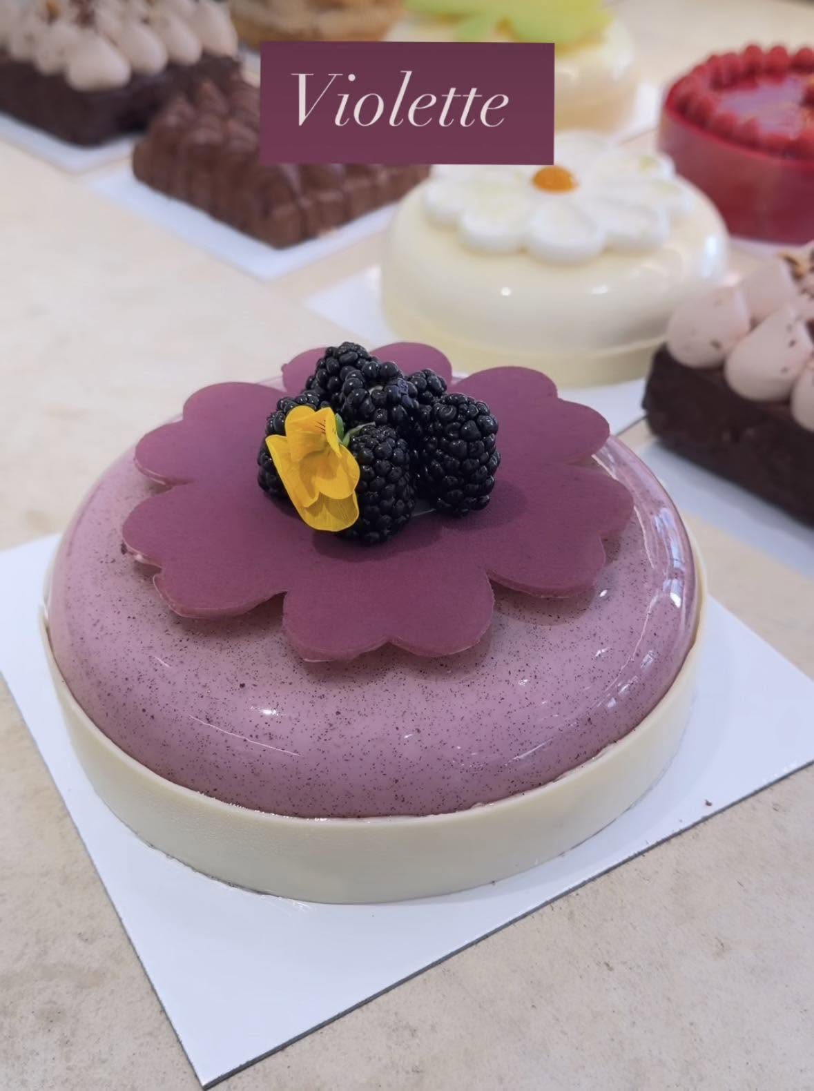 Entremets Violette : mousse mauve, fleur en chocolat et mûres